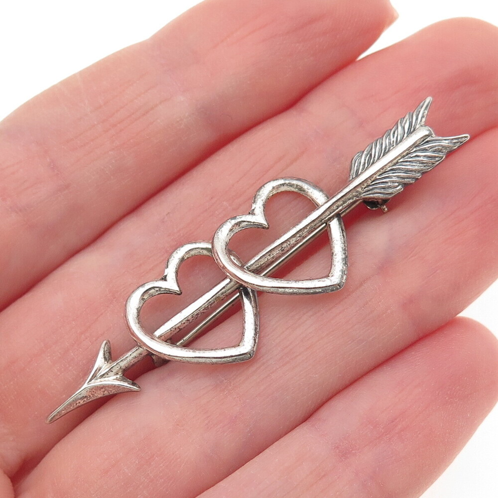 BEAU 925 Sterling Silver Antique Art Deco Couple Heart Arrow Oxidized Pin Brooch